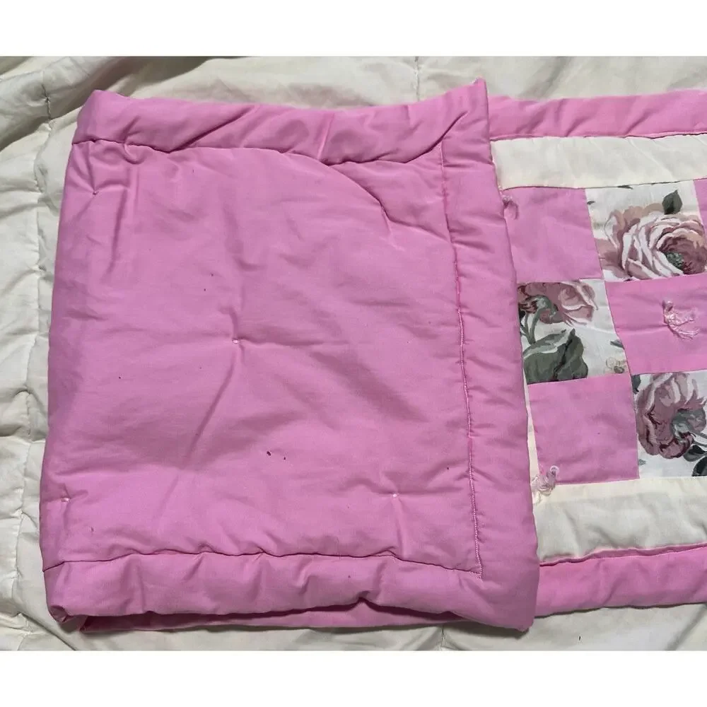 VTG Handmade Pink Floral Patchwork Dresser Scarf, Table Runner Quilt 13.5” x 44”
